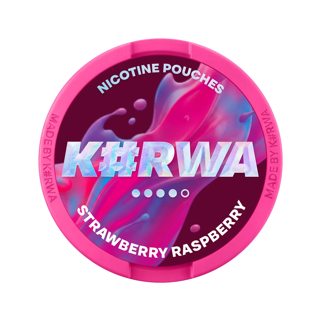 K#RWA Strawberry Raspberry nicotine pouch can, lid seen from above