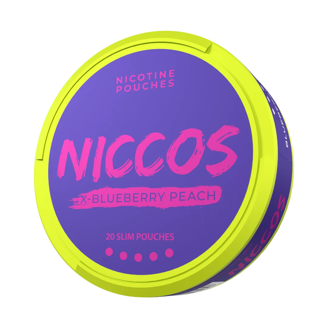 NICCOS X-Blueberry Peach nicotine pouch can, three-quarter view