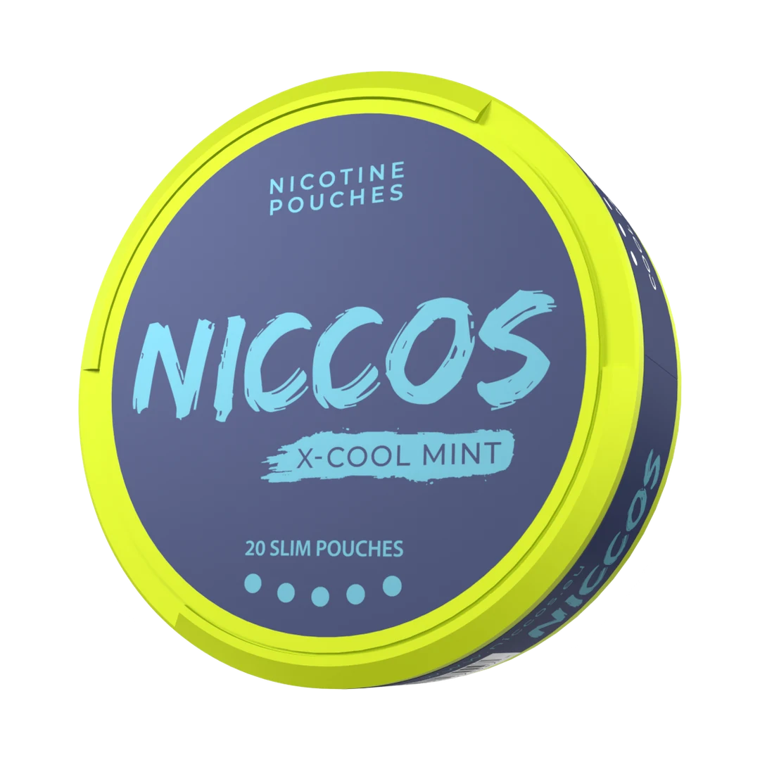 NICCOS X-Cool Mint nicotine pouch can, three-quarter view