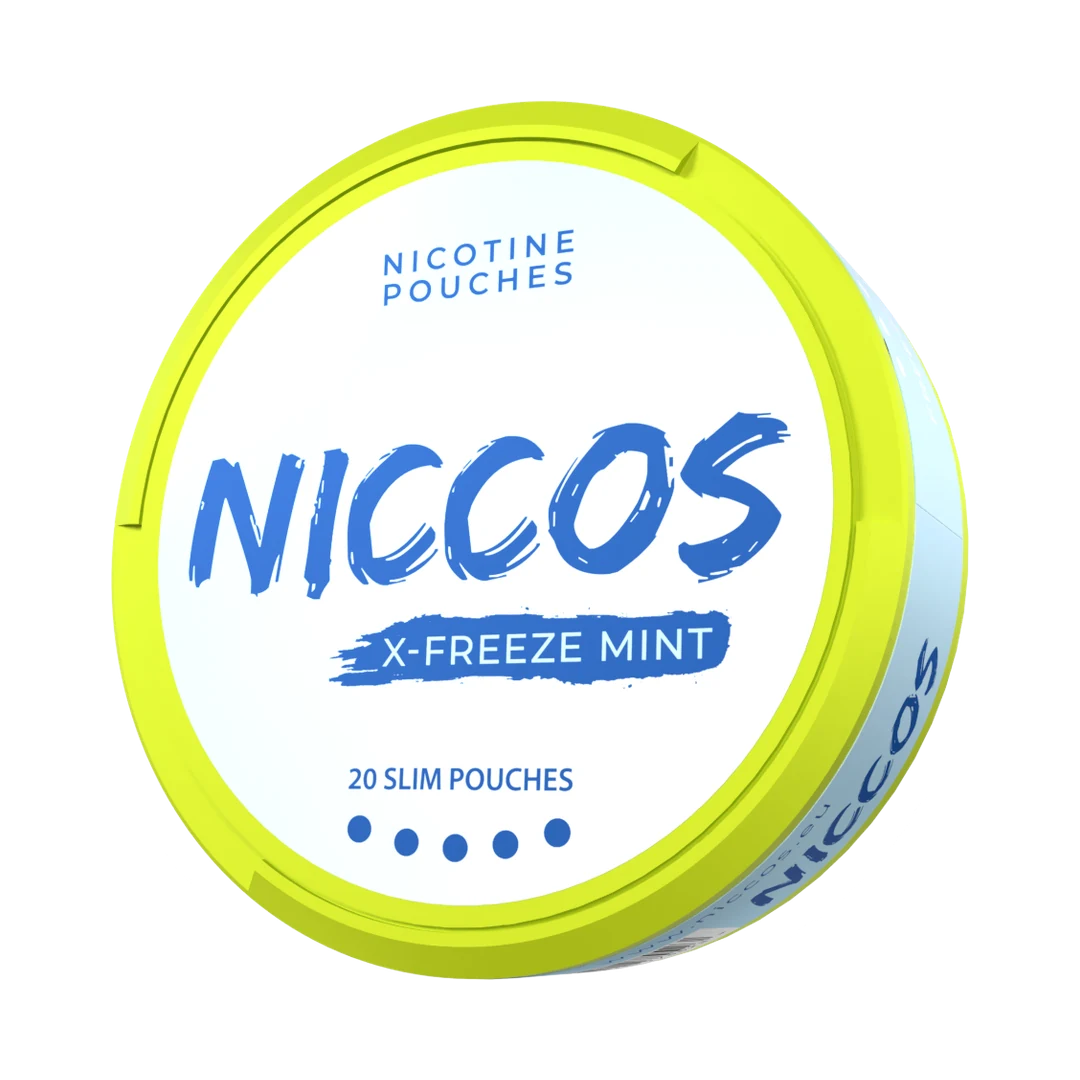 NICCOS X-Freeze Mint nicotine pouch can, three-quarter view