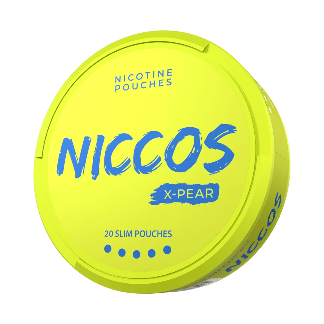 NICCOS X-Pear nicotine pouch can, three-quarter view