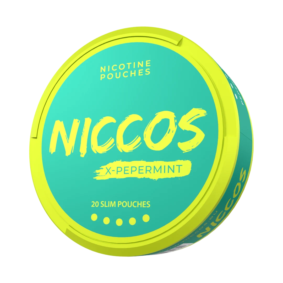 NICCOS X-Peppermint nicotine pouch can, three-quarter view
