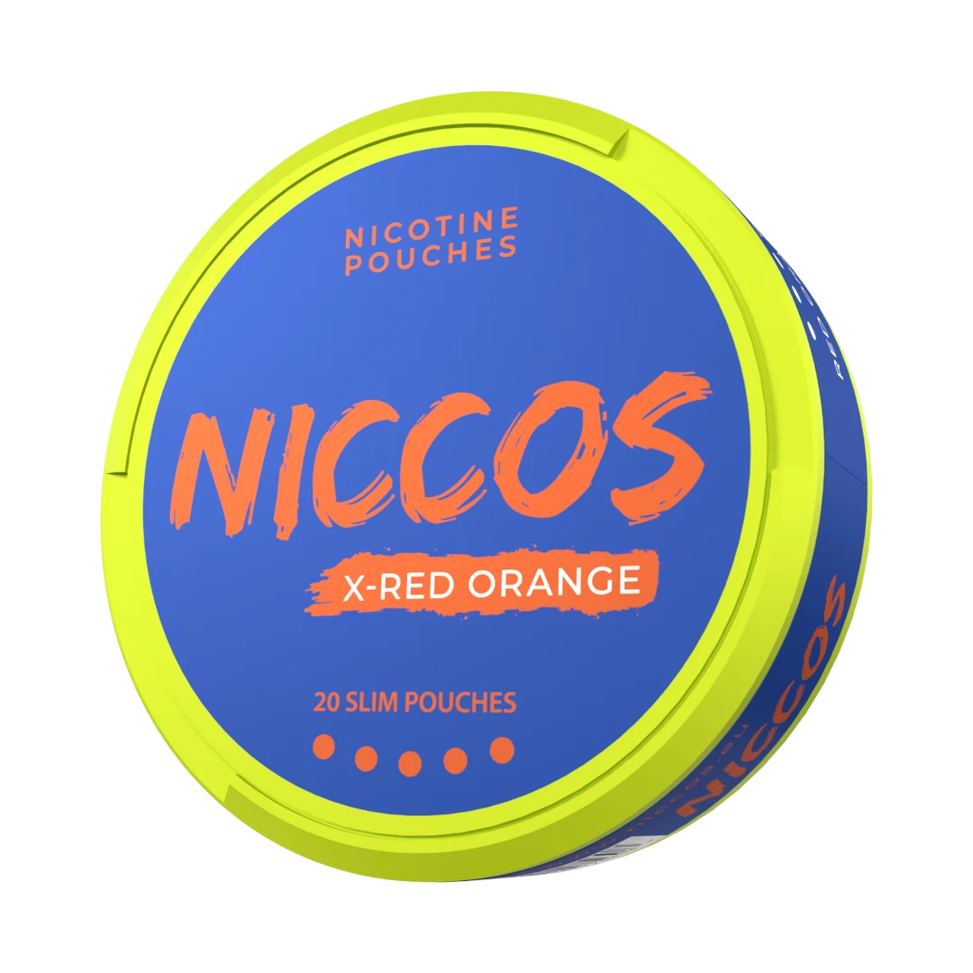 NICCOS X-Red Orange nicotine pouch can, three-quarter view