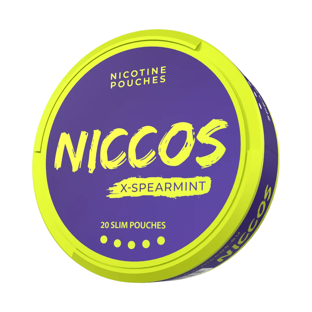 NICCOS X-Spearmint nicotine pouch can, three-quarter view