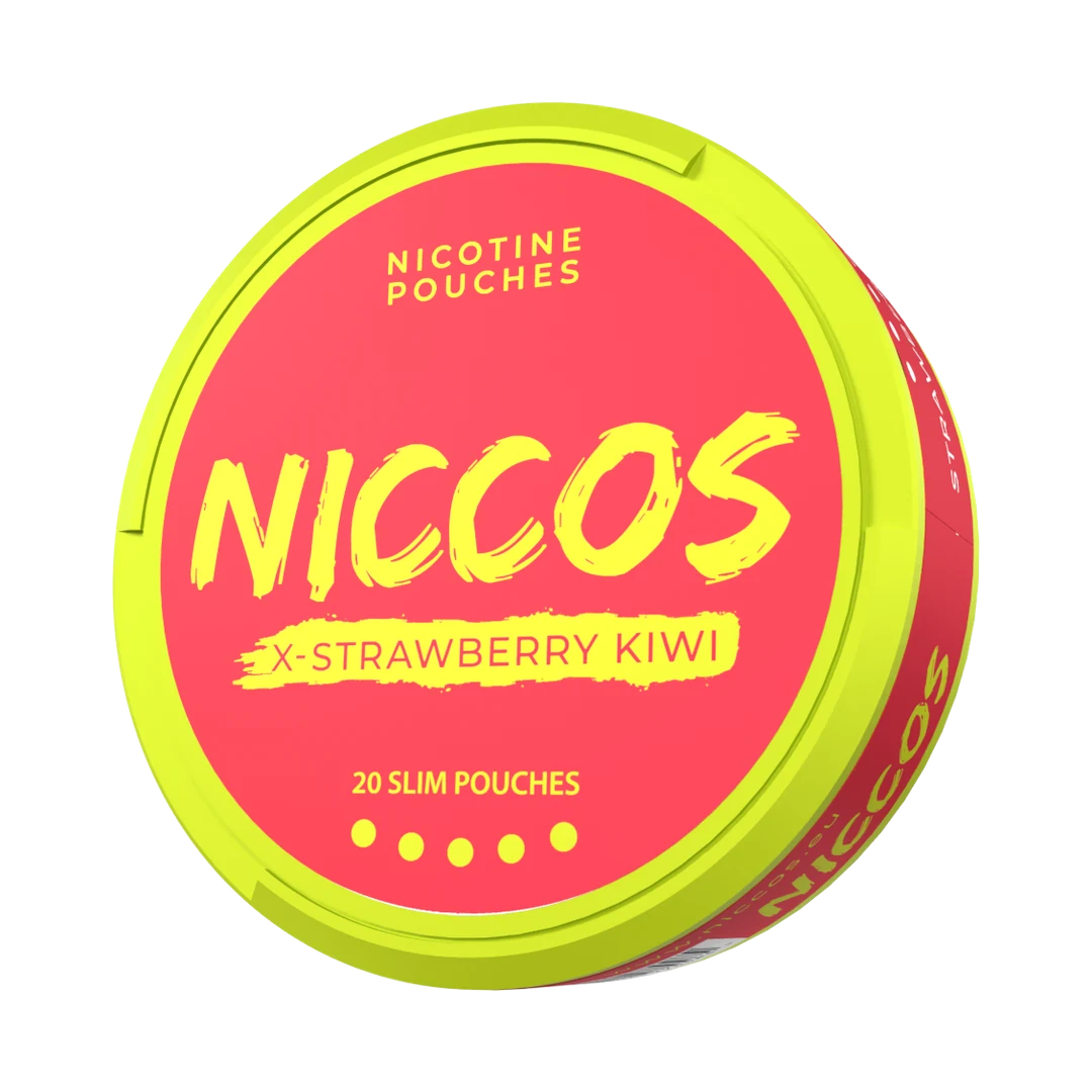 NICCOS X-Strawberry Kiwi nicotine pouch can, three-quarter view