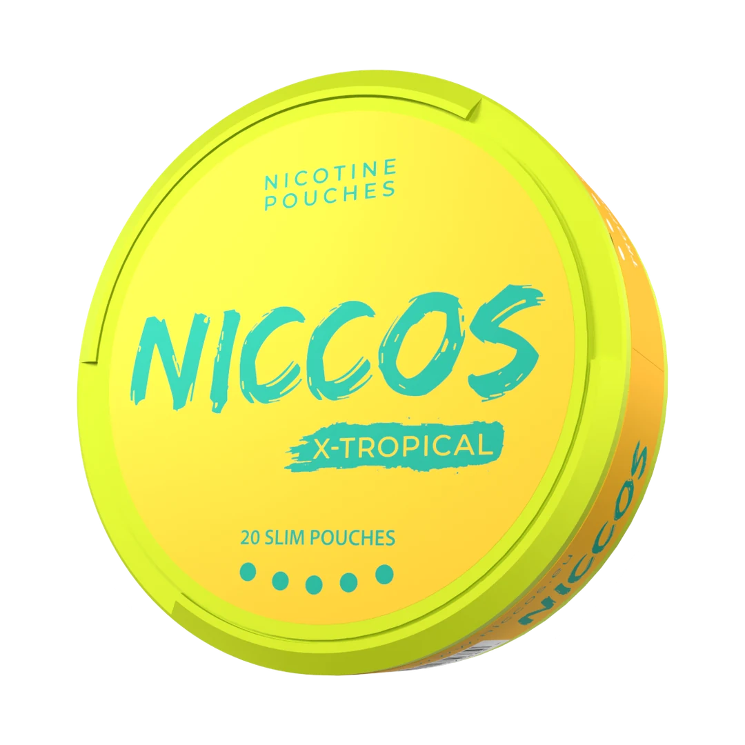 NICCOS X-Tropical nicotine pouch can, three-quarter view