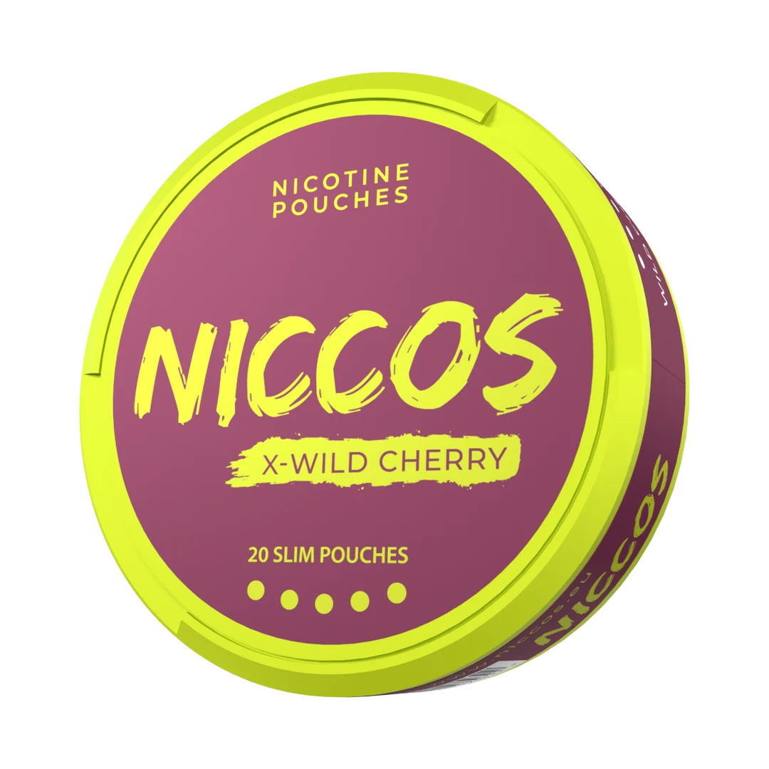 NICCOS X-Wild Cherry nicotine pouch can, three-quarter view