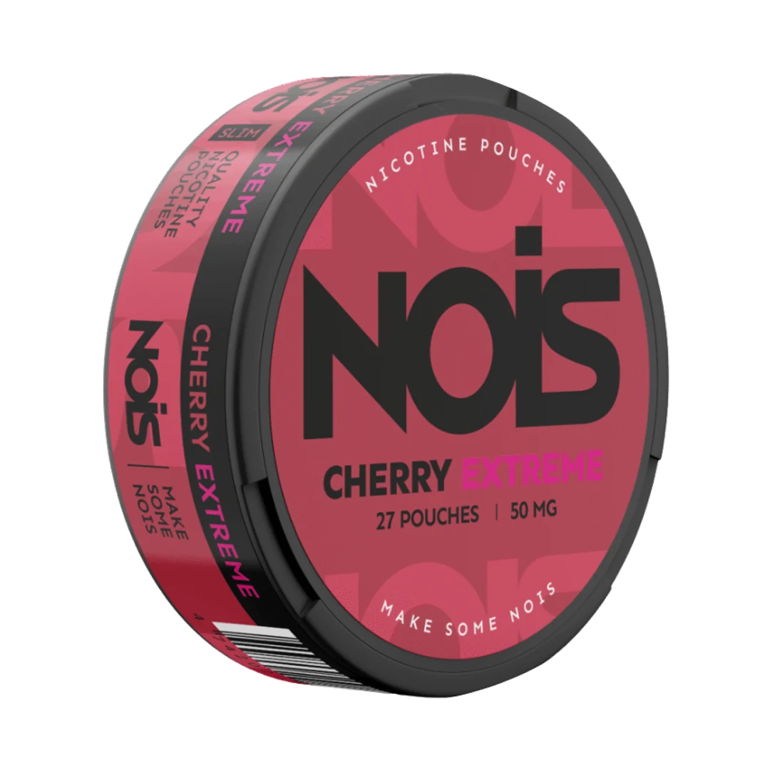 NOIS Cherry Extreme 25 mg nicotine pouch can, three-quarter view