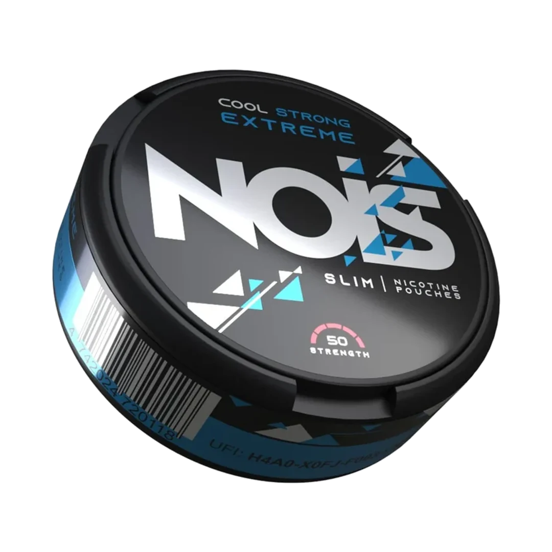 NOIS Cool Strong Extreme 25 mg nicotine pouch can, three-quarter view