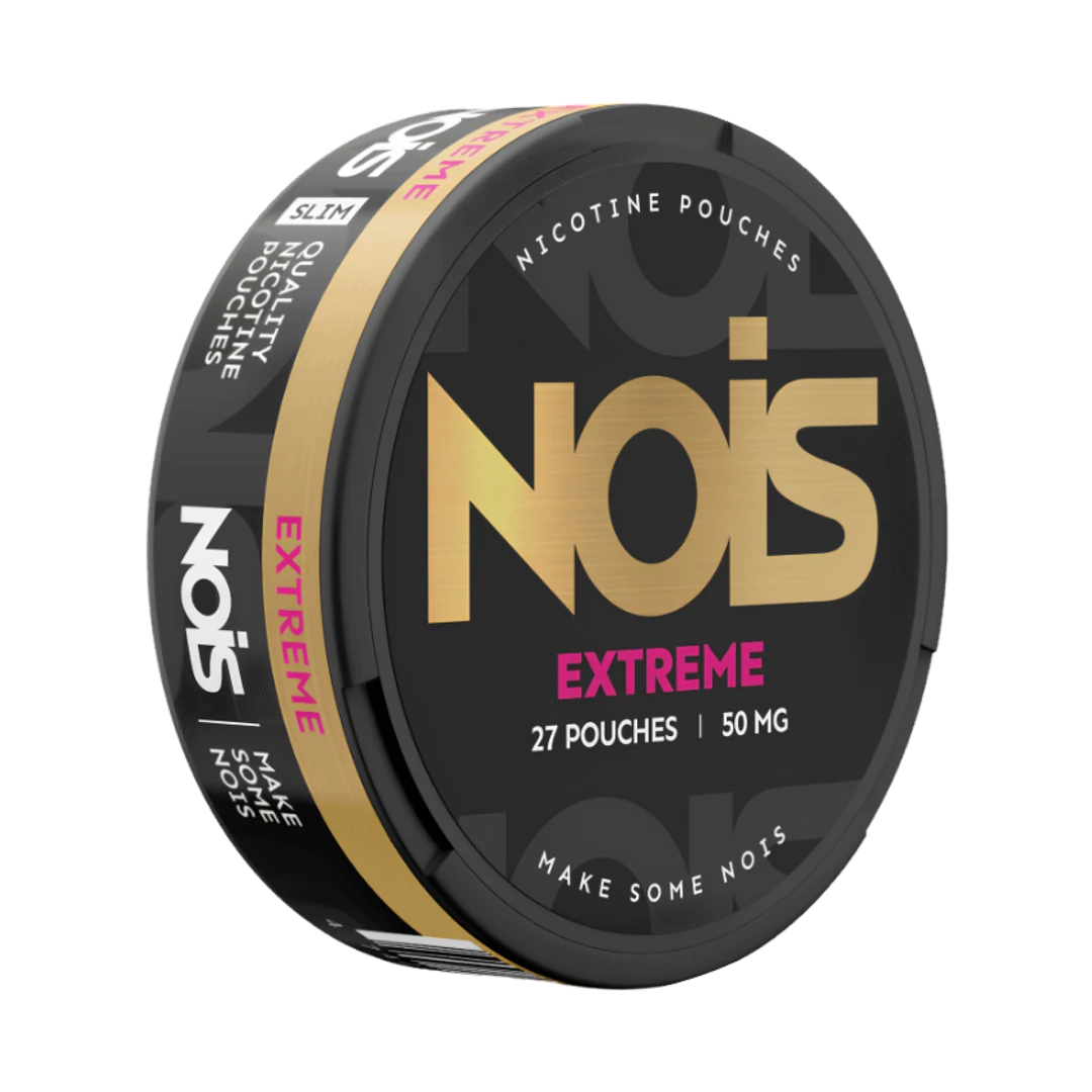 NOIS Extreme 25 mg nicotine pouch can, three-quarter view