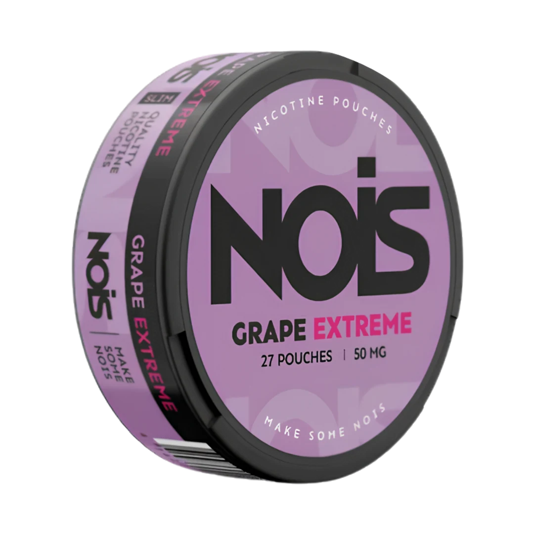 NOIS Grape Extreme 25 mg nicotine pouch can, three-quarter view