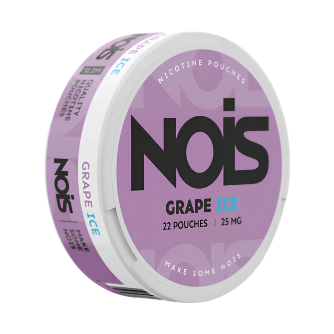 NOIS Grape Ice 12.5 mg nicotine pouch can, three-quarter view