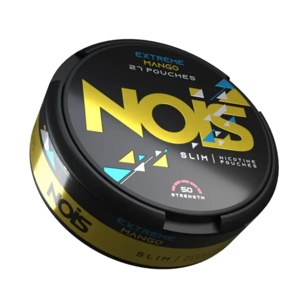 NOIS Mango Extreme 25 mg nicotine pouch can, three-quarter view