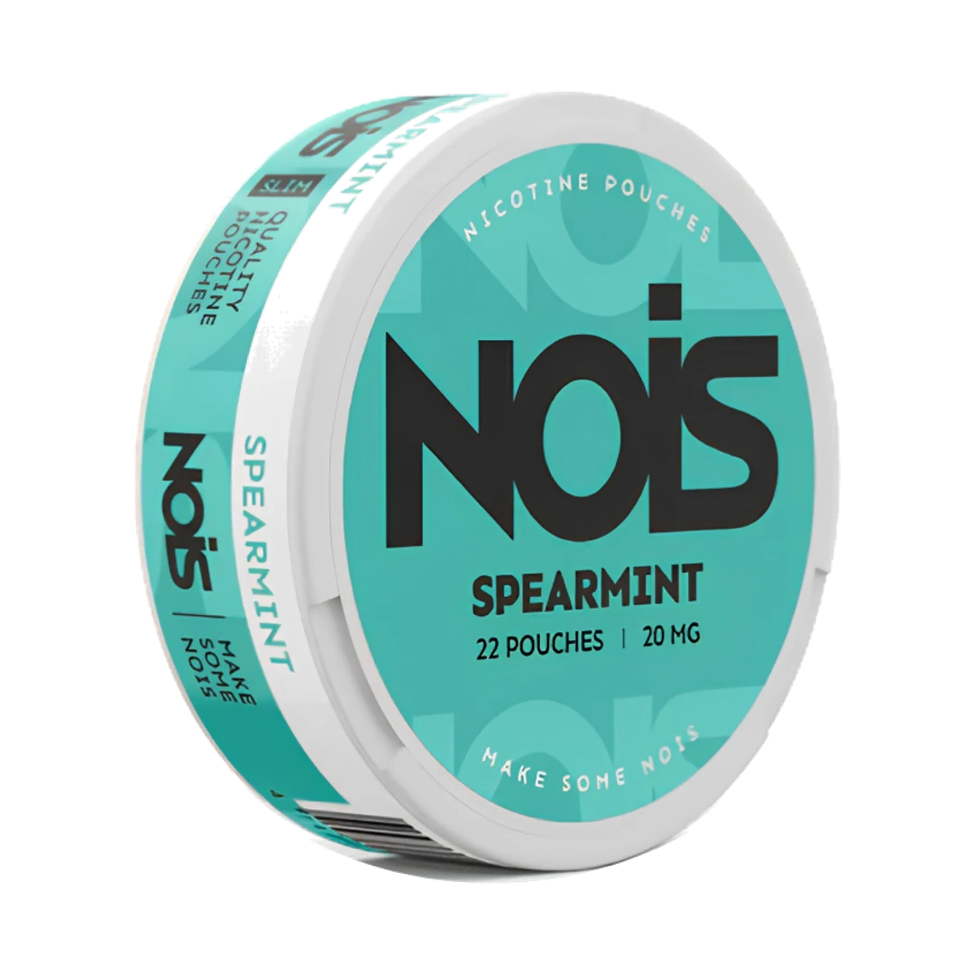 NOIS Spearmint 10 mg nicotine pouch can, three-quarter view