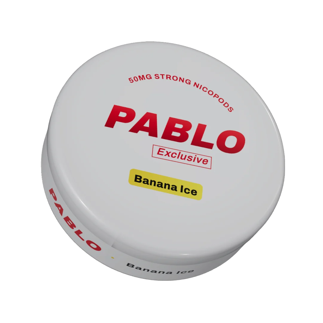 PABLO Exclusive Banana Ice nicotine pouch can, three-quarter view