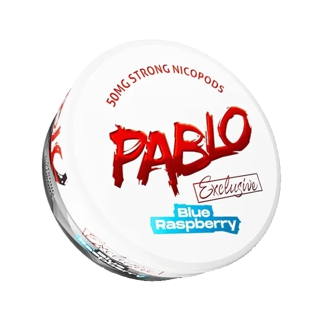 PABLO Exclusive Blue Raspberry nicotine pouch can, three-quarter view