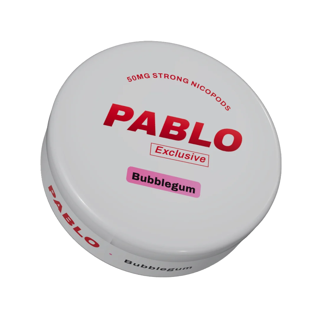 PABLO Exclusive Bubblegum nicotine pouch can, three-quarter view
