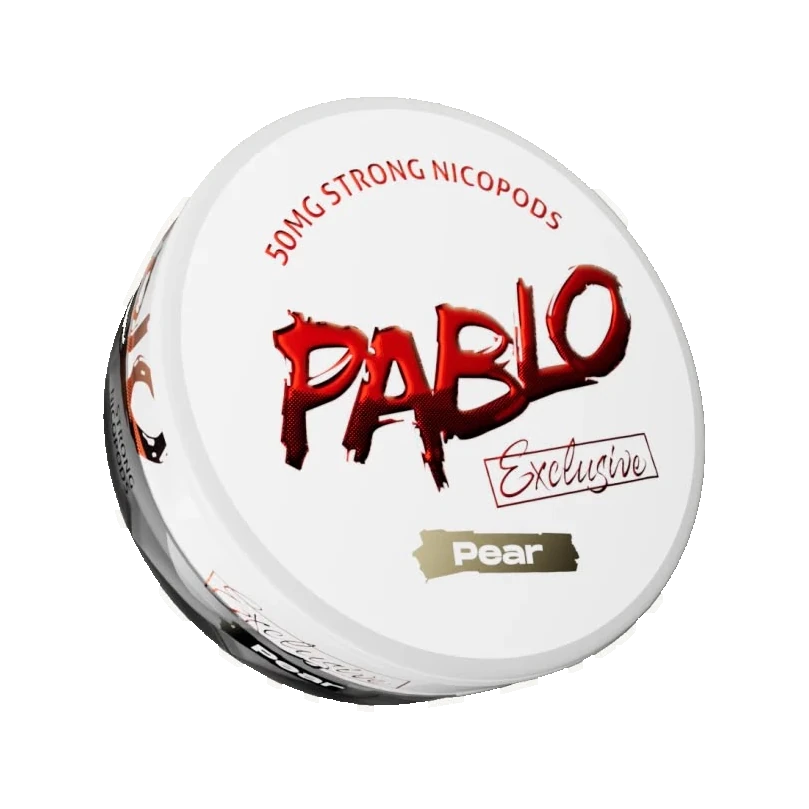 PABLO Exclusive Pear nicotine pouch can, three-quarter view