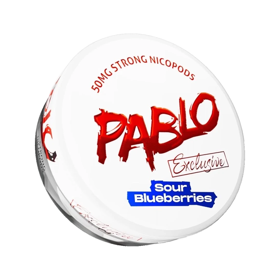 PABLO Exclusive Sour Blueberries nicotine pouch can, three-quarter view