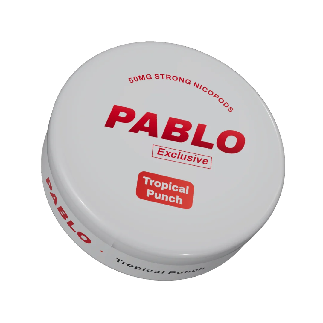 PABLO Exclusive Tropical Punch nicotine pouch can, three-quarter view