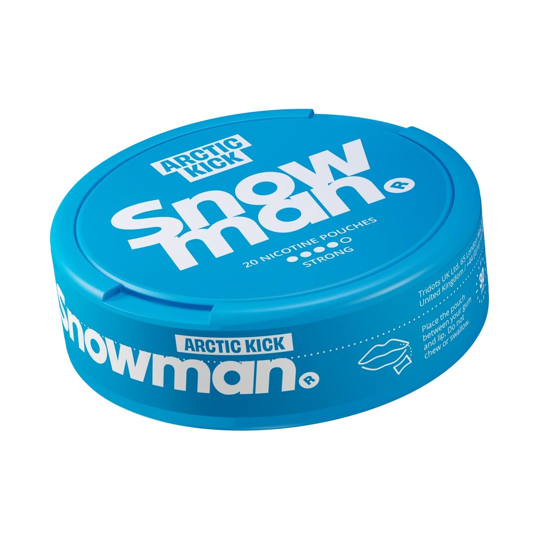 Snowman Arctic Kick 30 mg nicotine pouch can, three-quarter view; the render shows the 12 mg can of the same flavour