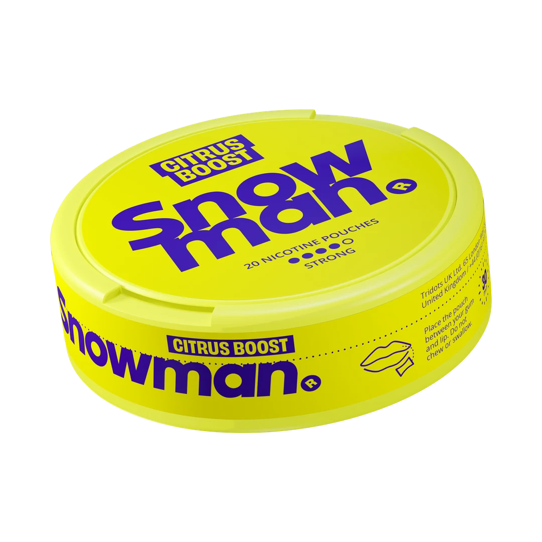 Snowman Citrus Boost 12 mg nicotine pouch can, three-quarter view