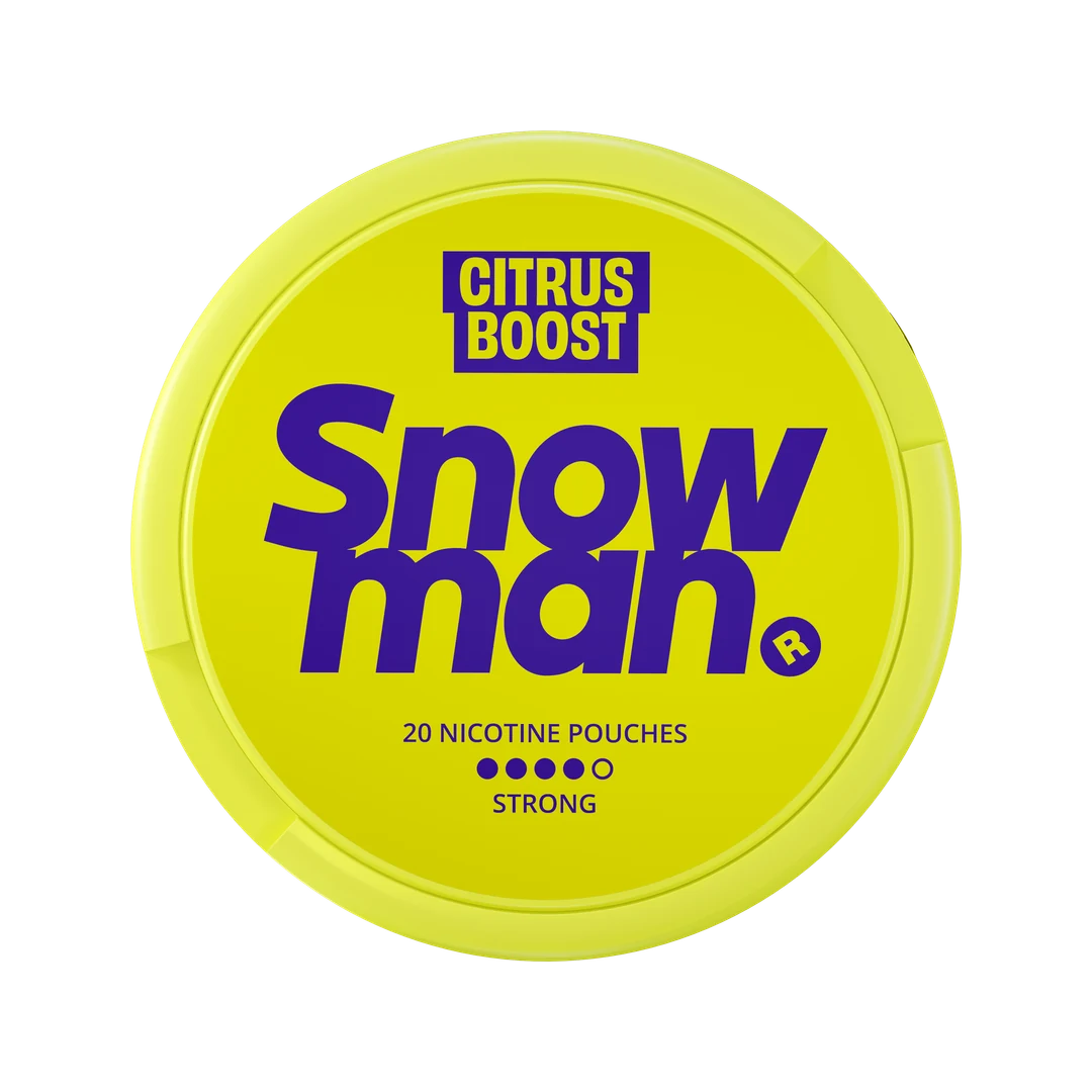 Snowman Citrus Boost 12 mg nicotine pouch can, lid seen from above