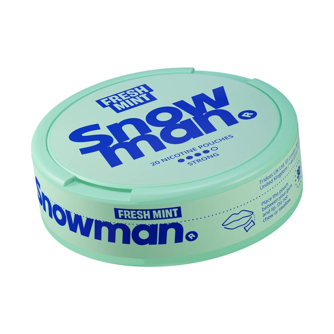 Snowman Fresh Mint 12 mg nicotine pouch can, three-quarter view