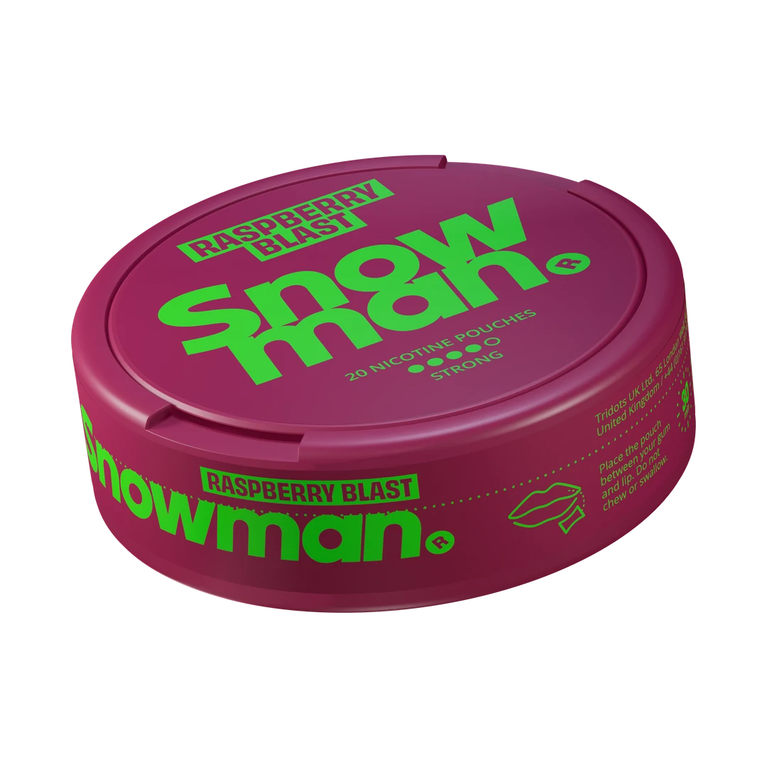 Snowman Raspberry Blast 12 mg nicotine pouch can, three-quarter view