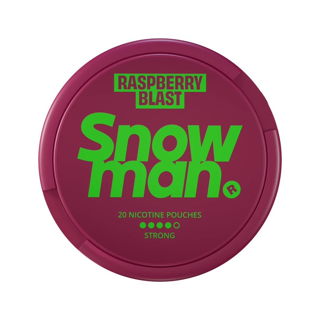 Snowman Raspberry Blast 12 mg nicotine pouch can, lid seen from above