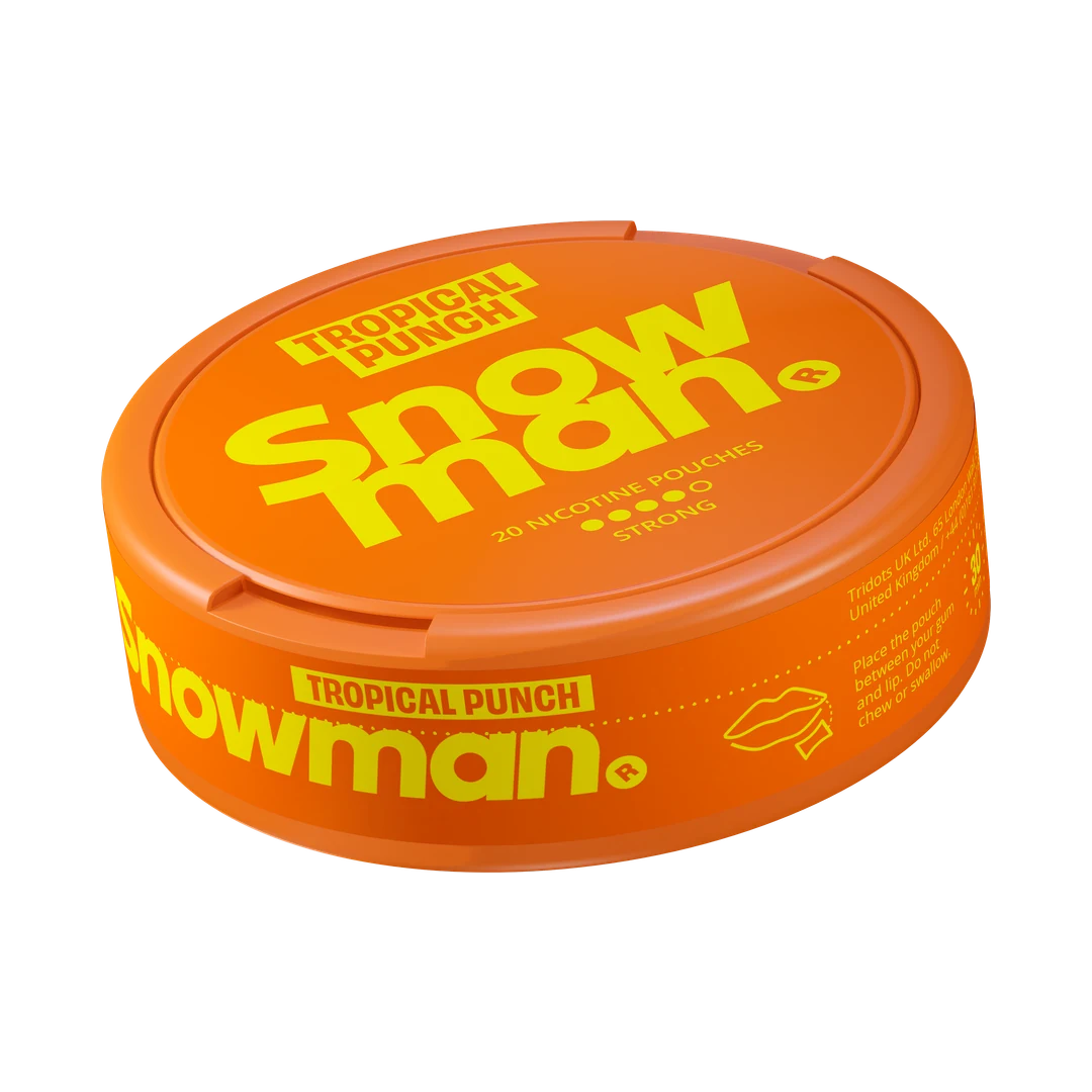 Snowman Tropical Punch 12 mg nicotine pouch can, three-quarter view