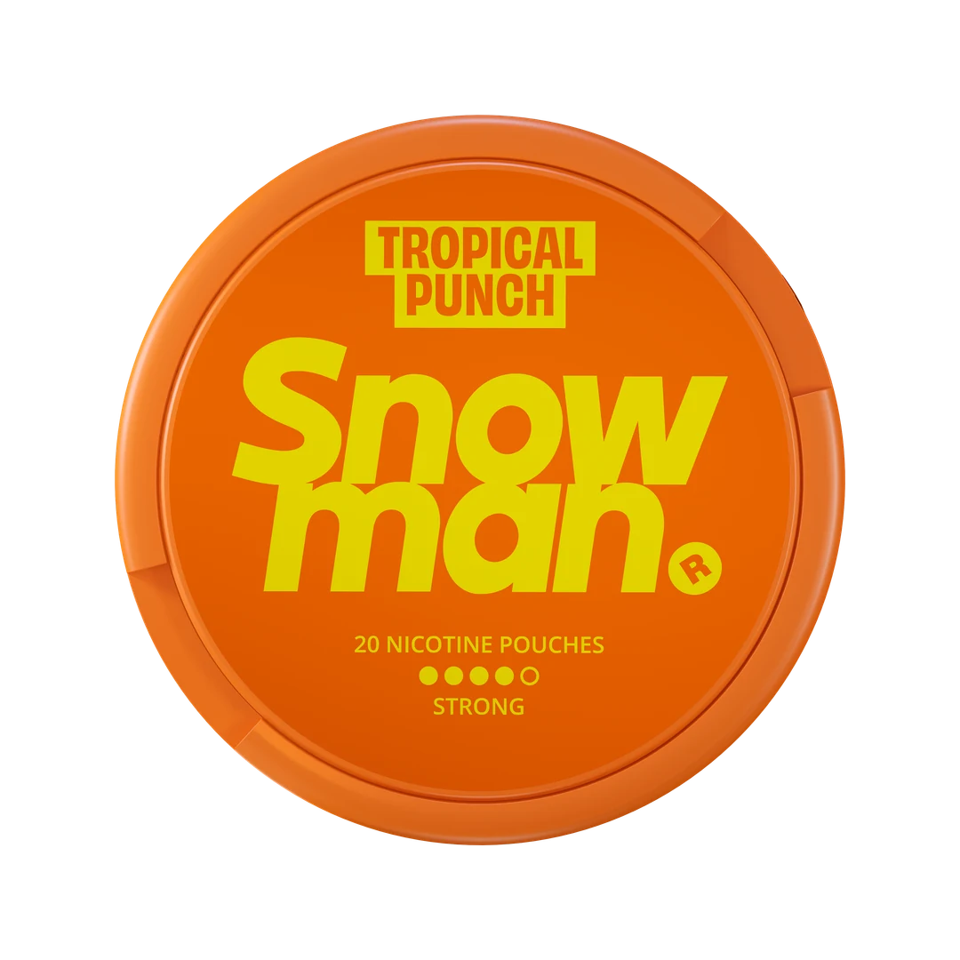 Snowman Tropical Punch 12 mg nicotine pouch can, lid seen from above