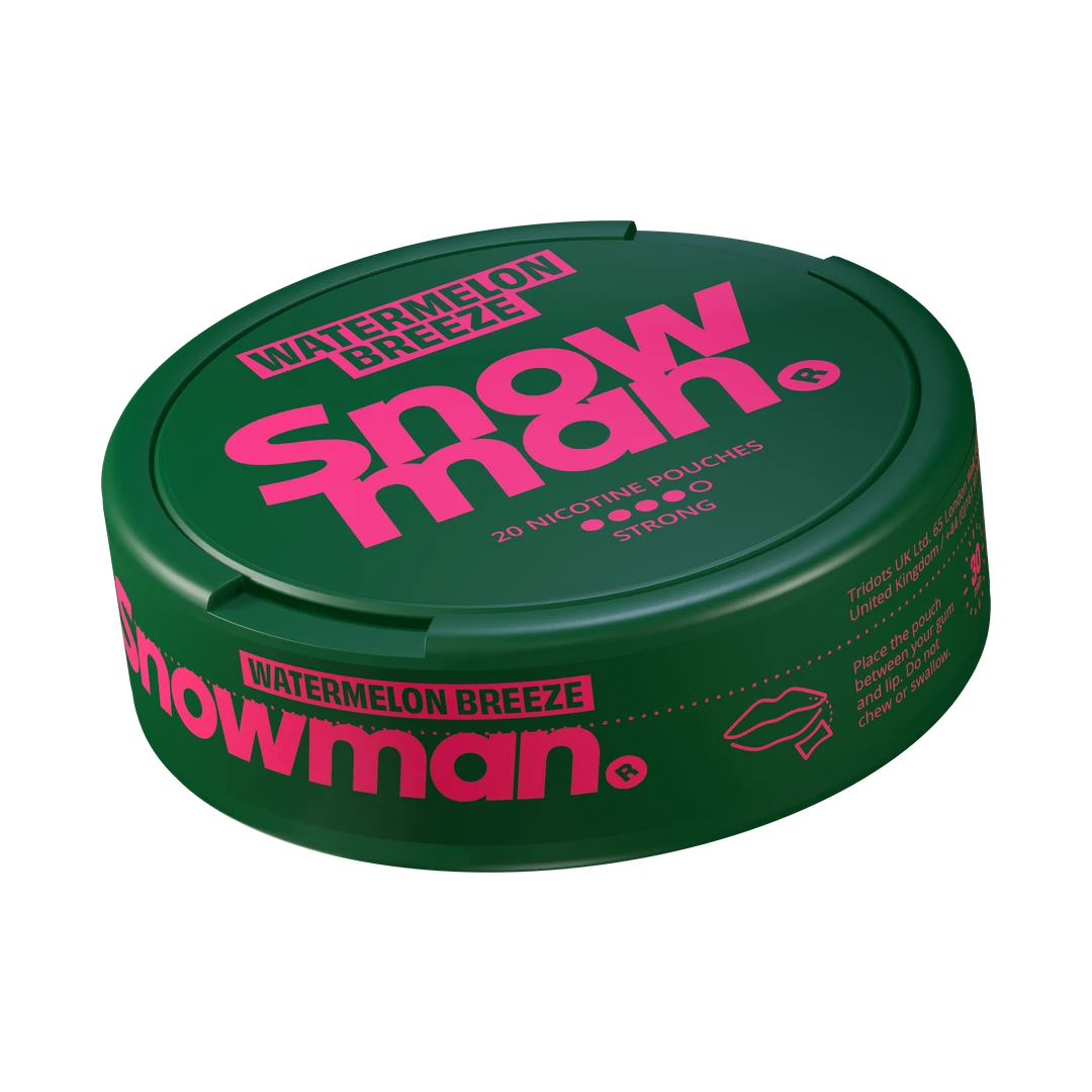 Snowman Watermelon Breeze 12 mg nicotine pouch can, three-quarter view