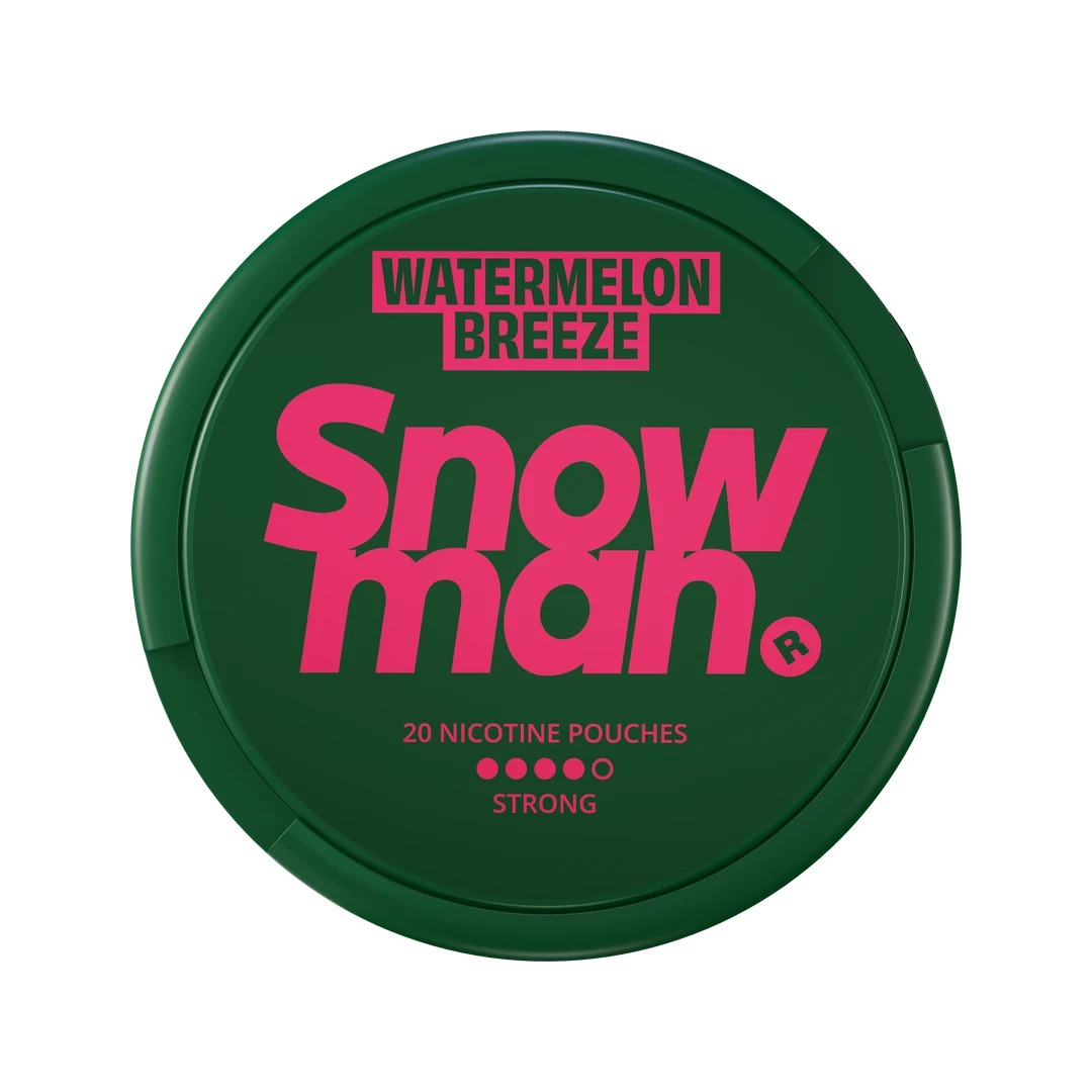 Snowman Watermelon Breeze 12 mg nicotine pouch can, lid seen from above