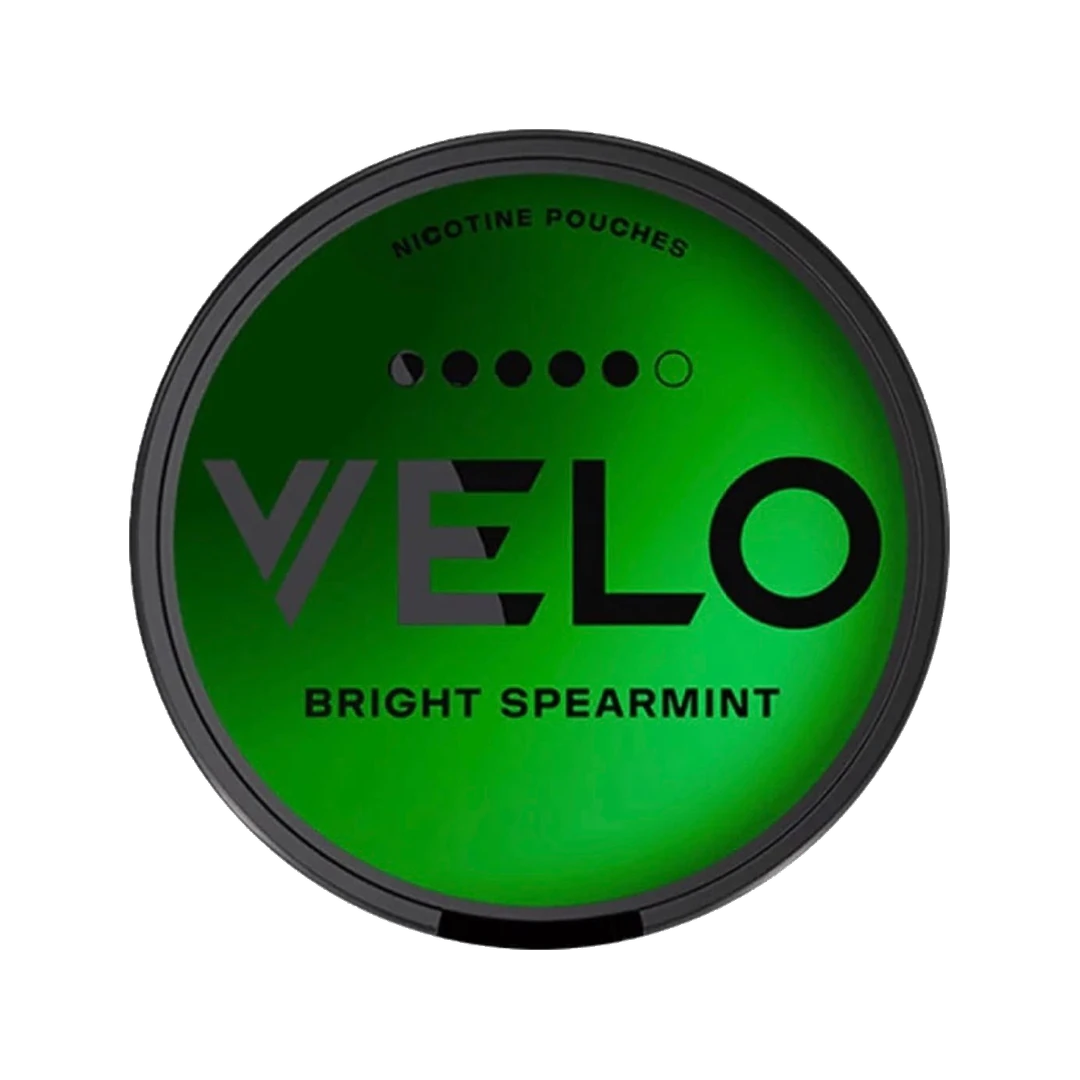 VELO Bright Spearmint nicotine pouch can, lid seen from above