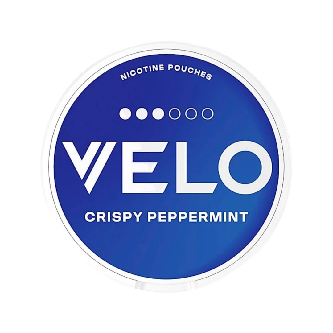 VELO Crispy Peppermint nicotine pouch can, lid seen from above