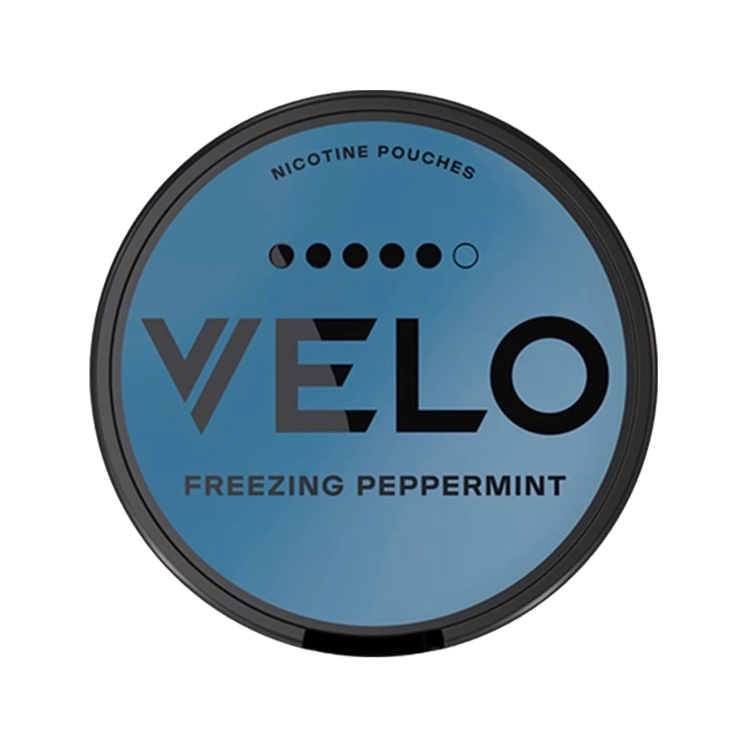 VELO Freezing Peppermint nicotine pouch can, lid seen from above