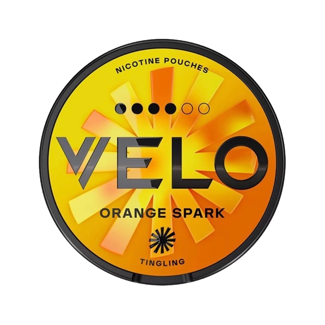 VELO Orange Spark nicotine pouch can, lid seen from above