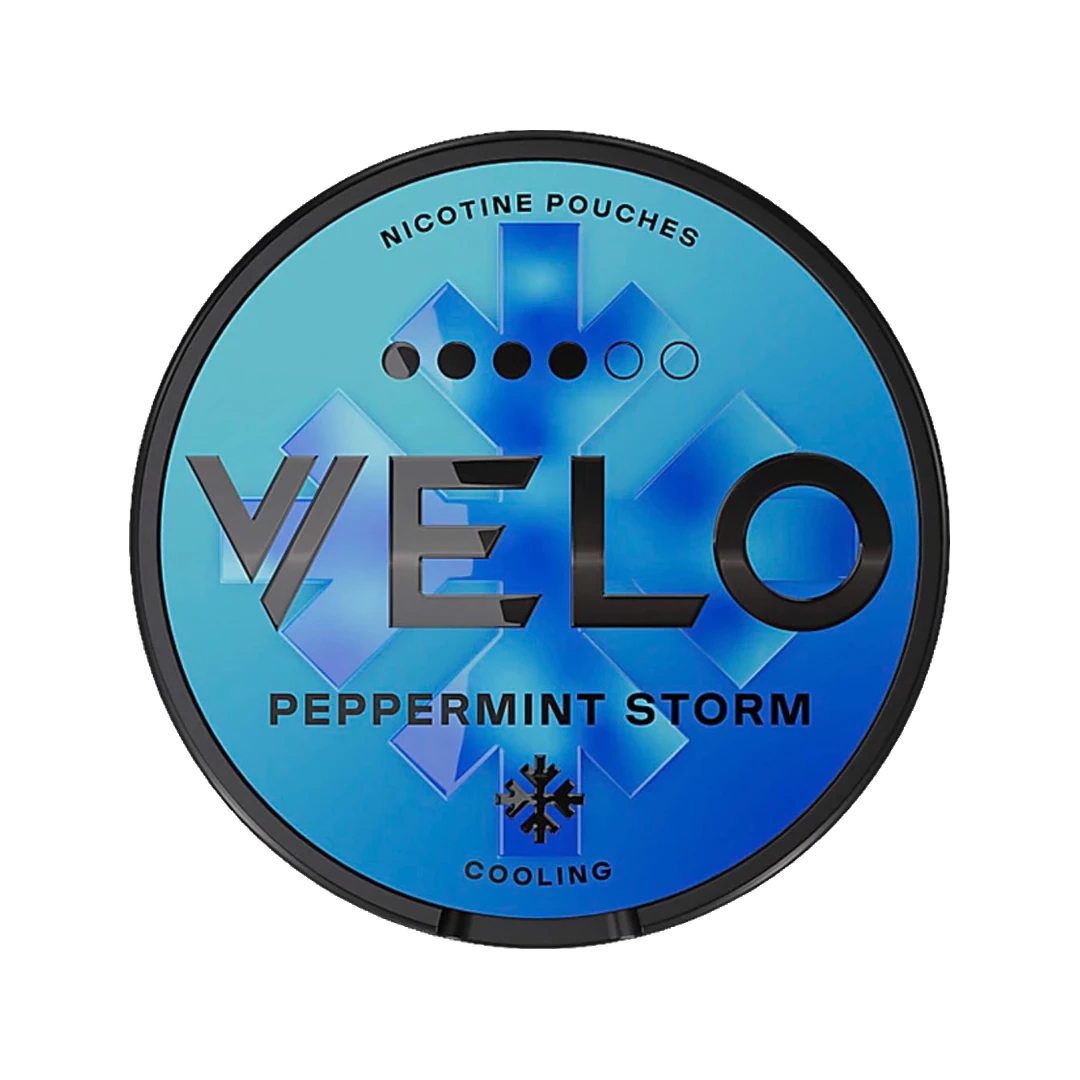 VELO Peppermint Storm nicotine pouch can, lid seen from above