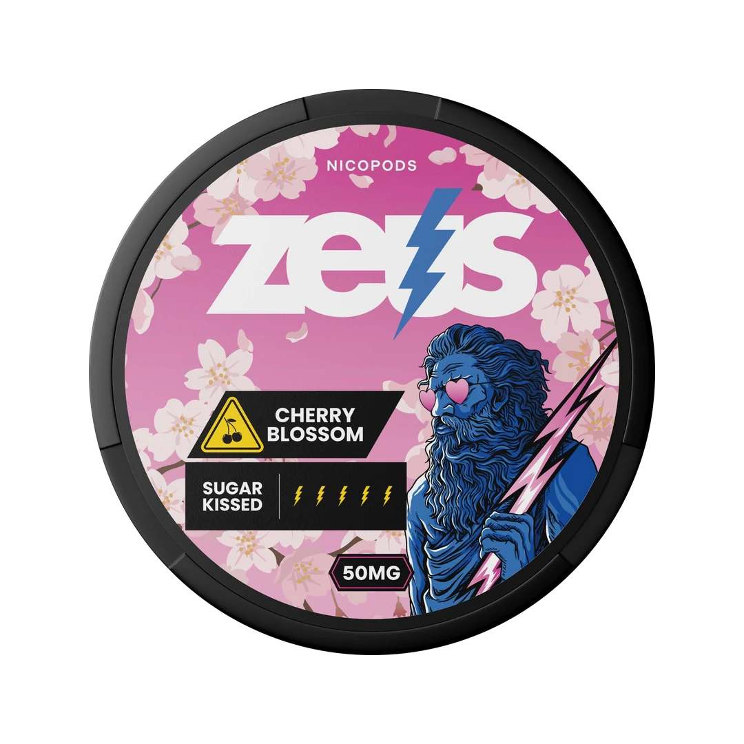 ZEUS Cherry Blossom nicotine pouch can, lid seen from above