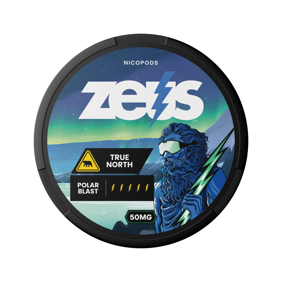 ZEUS True North nicotine pouch can, lid seen from above